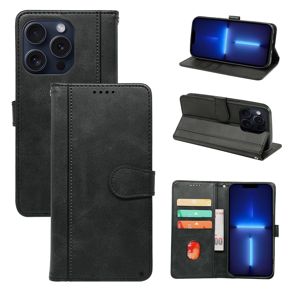 For iPhone 13 Pro Case PU Leather Calf Texture Phone Cover with Card / Cash Slots - Black