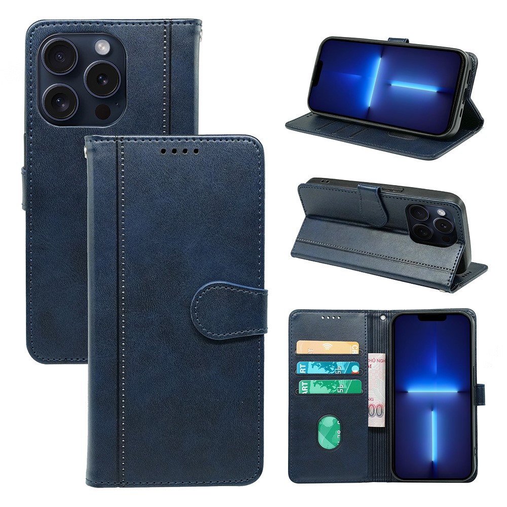 For iPhone 13 Pro Max Case Wallet Leather Phone Cover with Round Magnetic Clasp - Blue