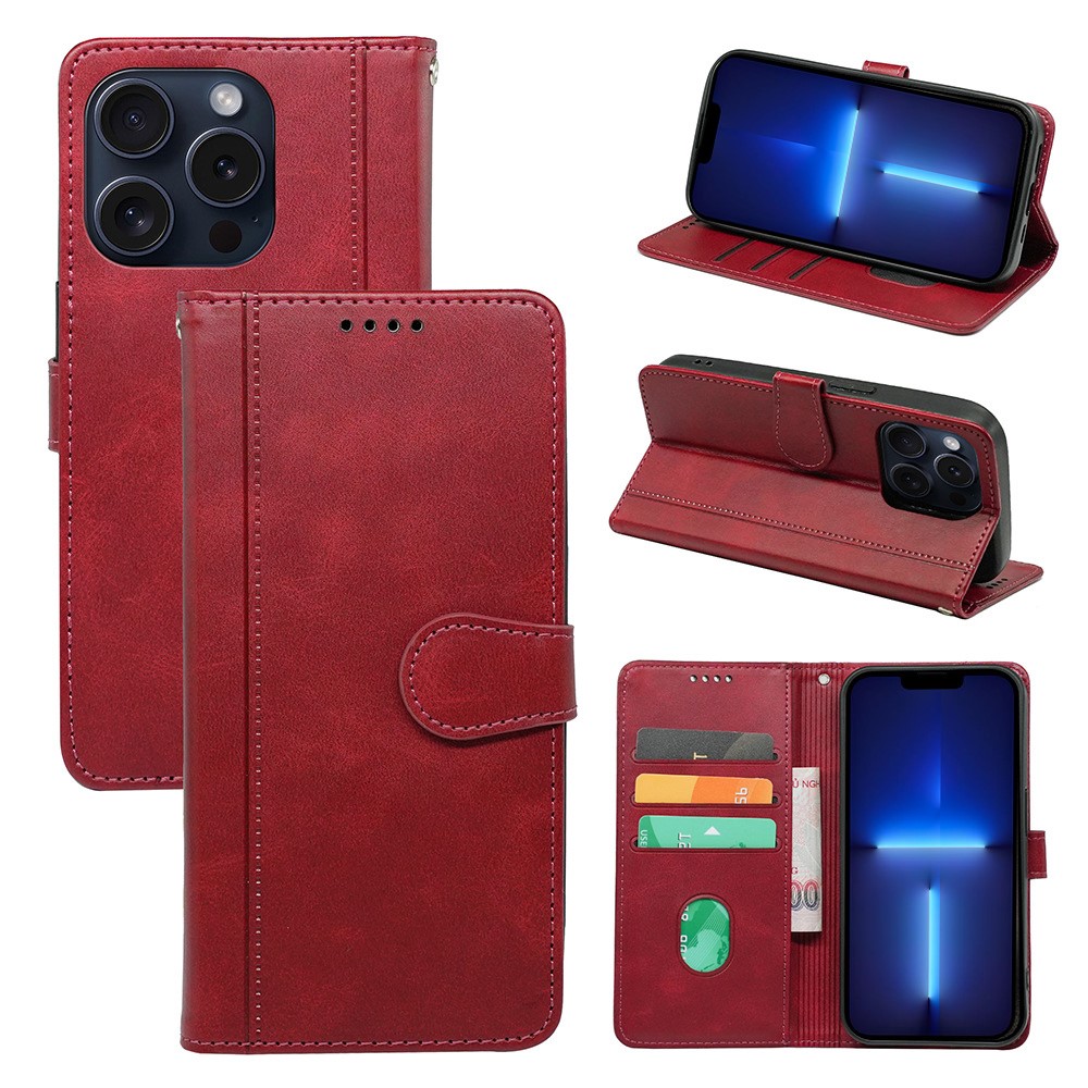 For iPhone 13 Pro Max Case Wallet Leather Phone Cover with Round Magnetic Clasp - Red
