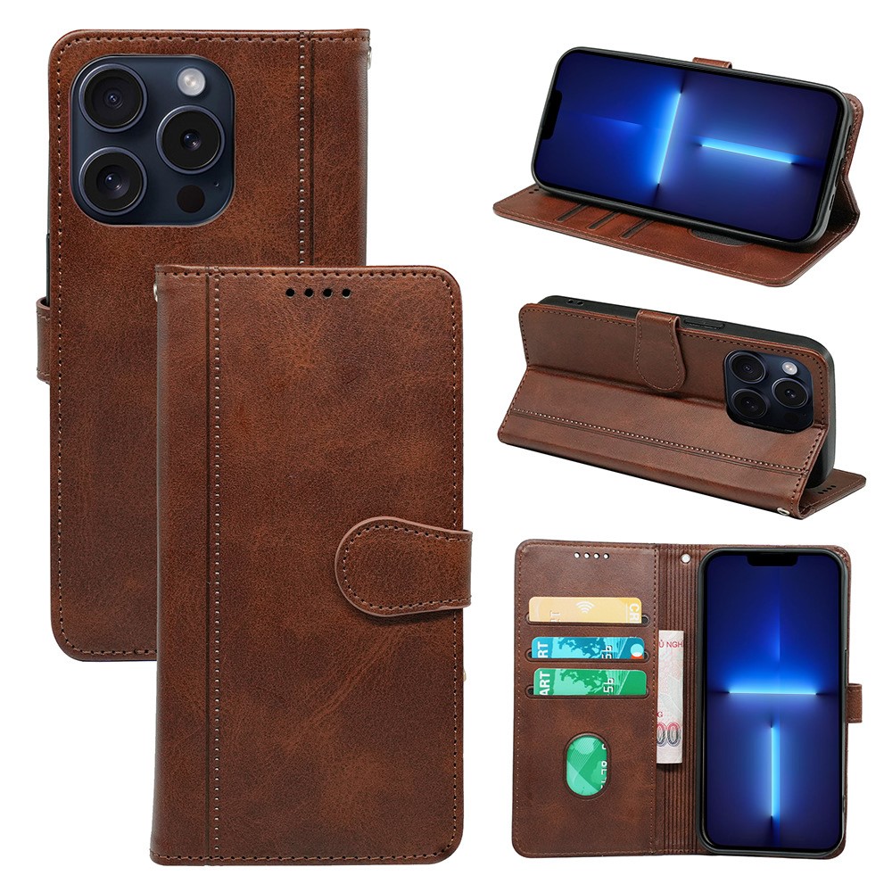 For iPhone 13 Pro Max Case Wallet Leather Phone Cover with Round Magnetic Clasp - Brown
