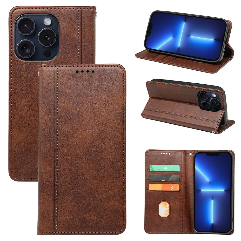 For iPhone 13 Pro Case Calf Texture Leather Phone Cover Strong Magnetic Closure Card Slots - Brown