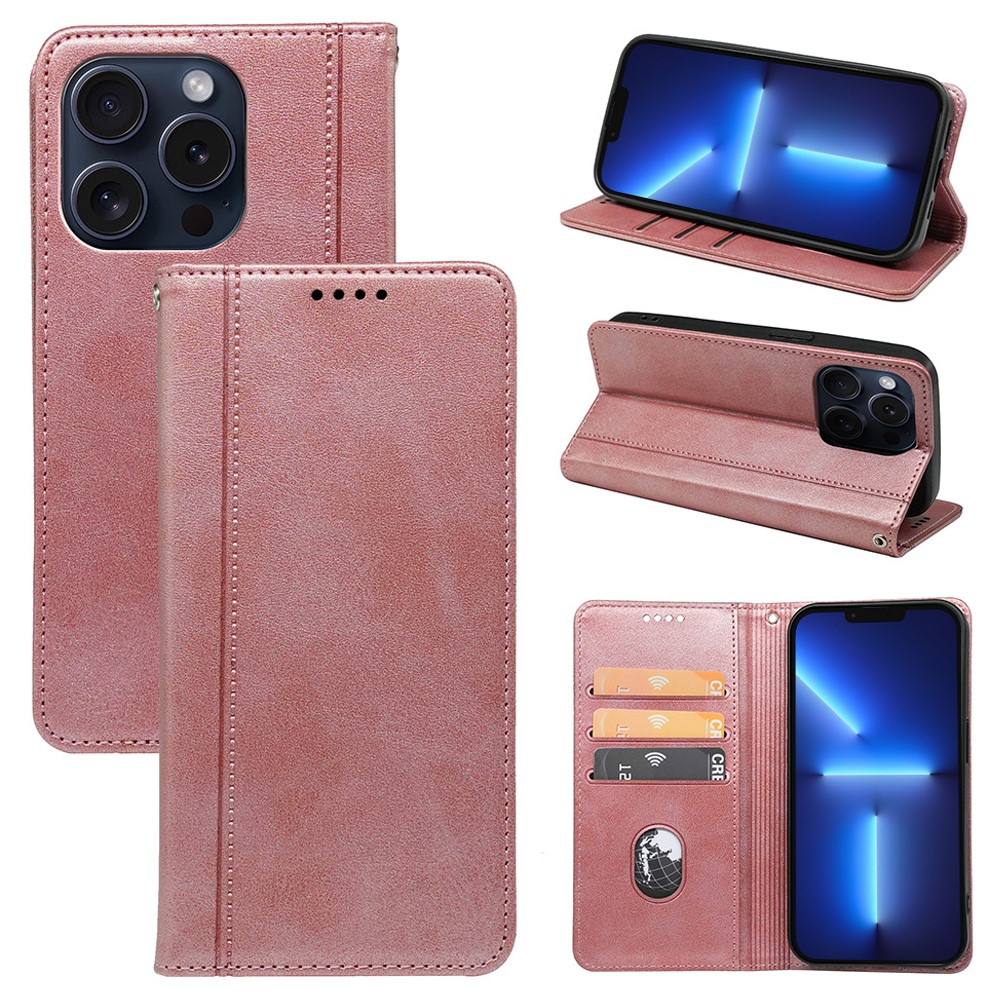 For iPhone 13 Pro Case Calf Texture Leather Phone Cover Strong Magnetic Closure Card Slots - Rose Gold