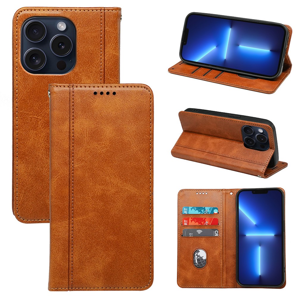 For iPhone 13 Pro Case Calf Texture Leather Phone Cover Strong Magnetic Closure Card Slots - Yellow