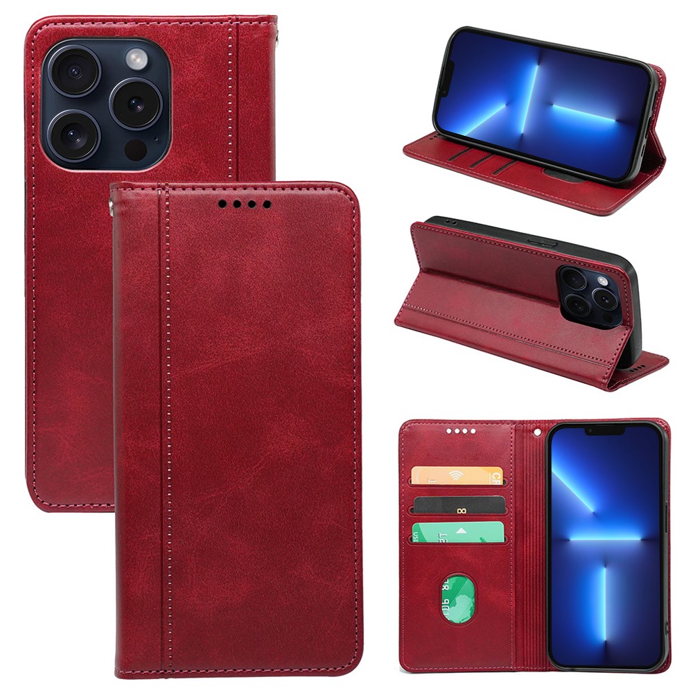 For iPhone 13 Pro Case Calf Texture Leather Phone Cover Strong Magnetic Closure Card Slots - Red