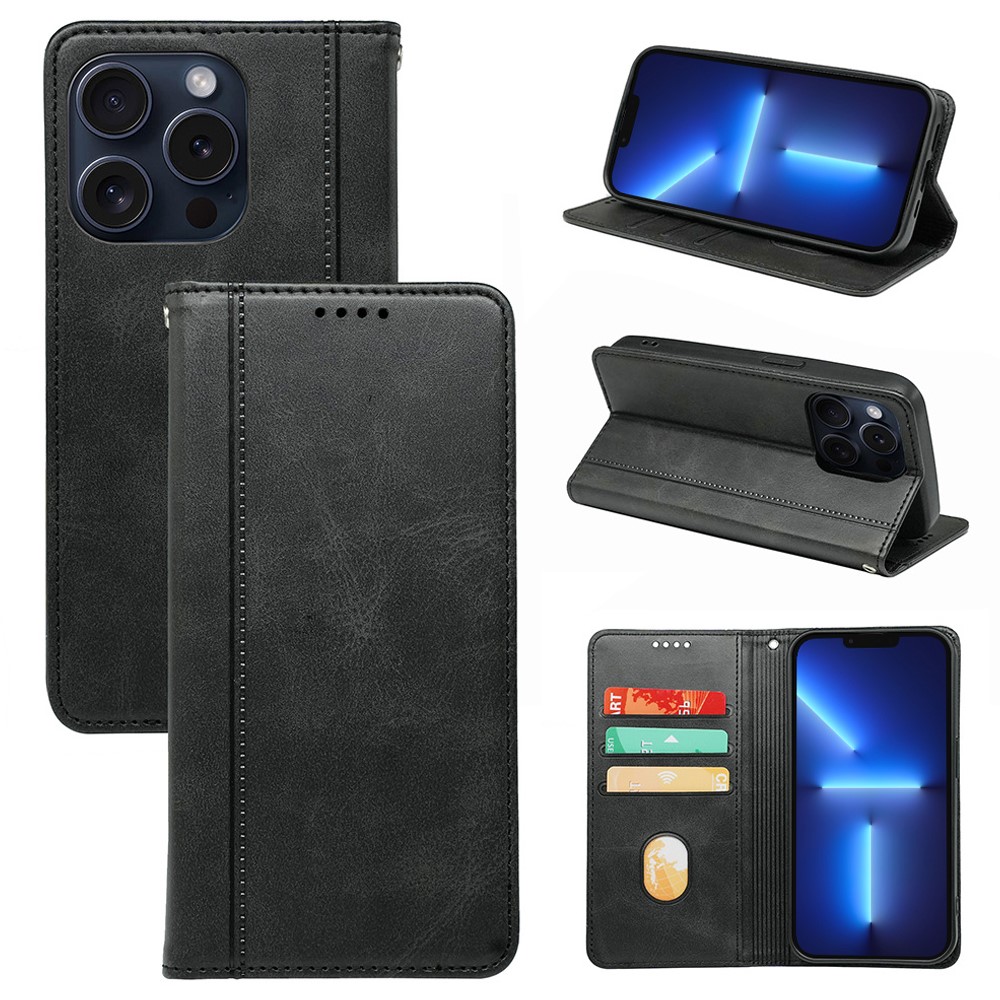 For iPhone 13 Pro Case Calf Texture Leather Phone Cover Strong Magnetic Closure Card Slots - Black