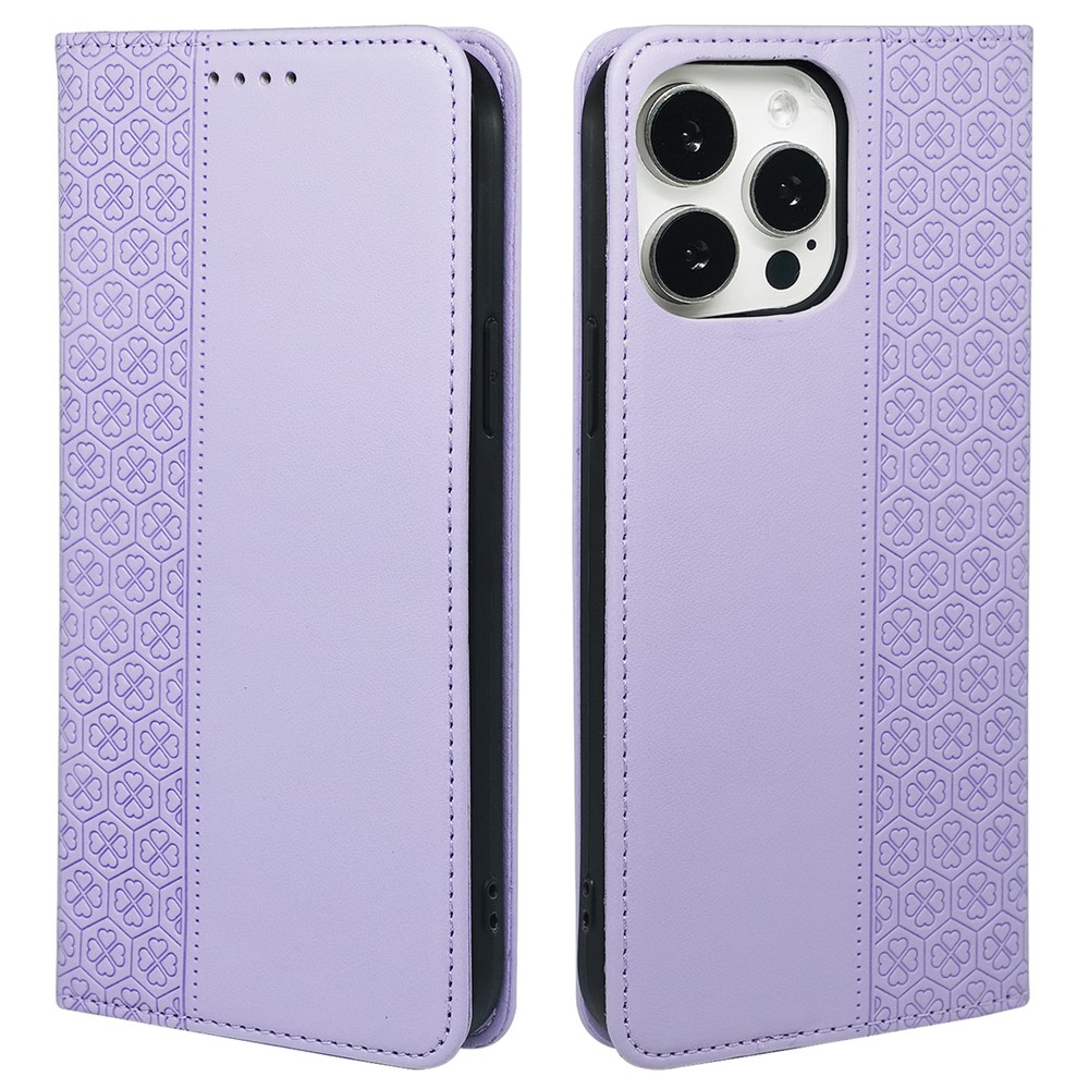 For iPhone 13 Pro Max Wallet Case Four-Leaf Clover Leather Phone Cover - Light Purple