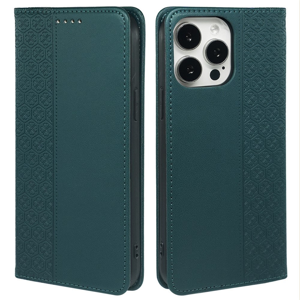 For iPhone 13 Pro Max Wallet Case Four-Leaf Clover Leather Phone Cover - Green