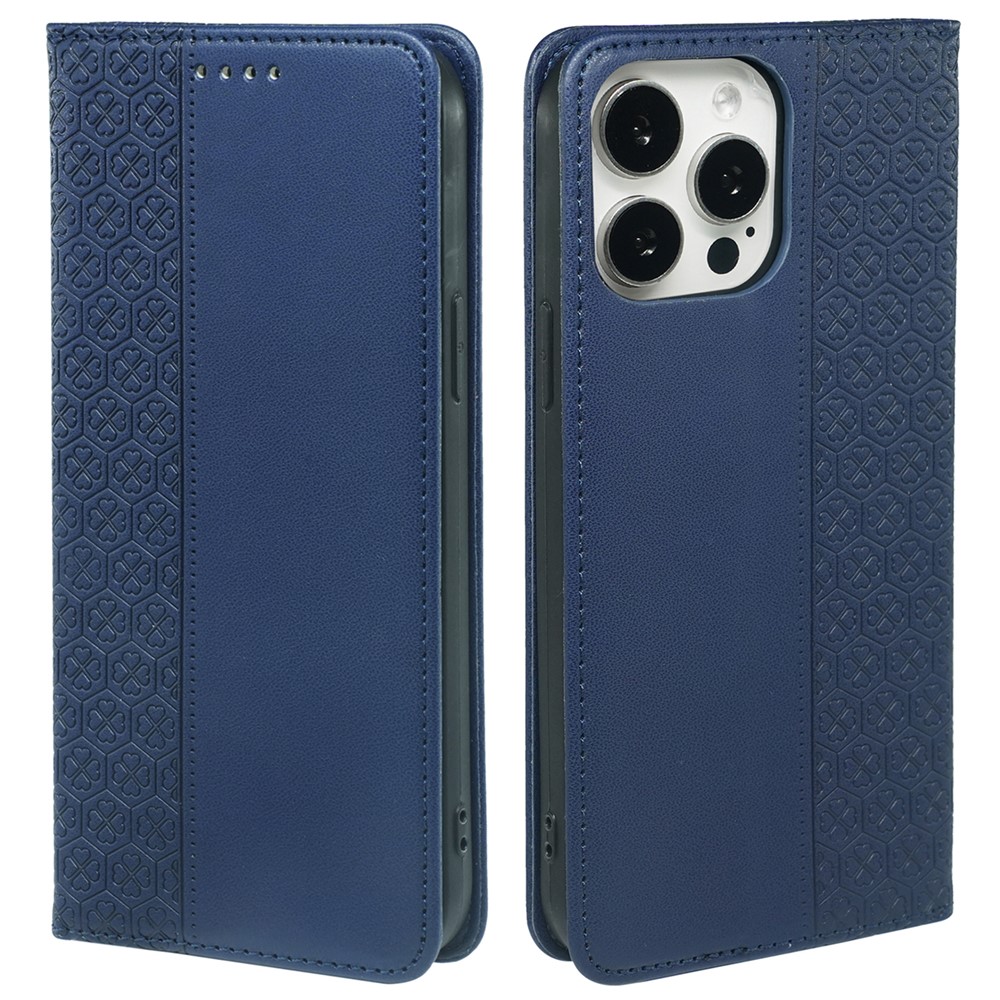 For iPhone 13 Pro Max Wallet Case Four-Leaf Clover Leather Phone Cover - Blue