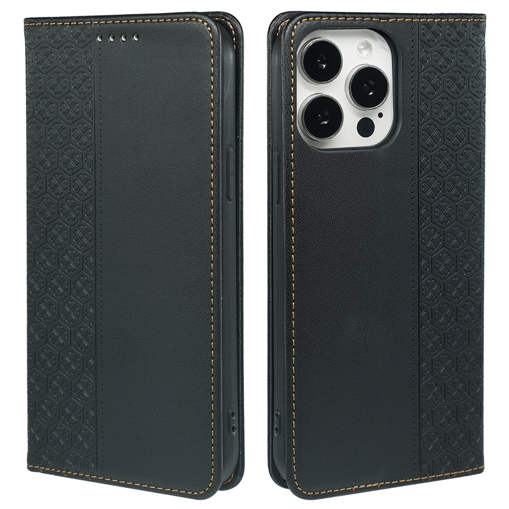 For iPhone 13 Pro Max Wallet Case Four-Leaf Clover Leather Phone Cover - Black
