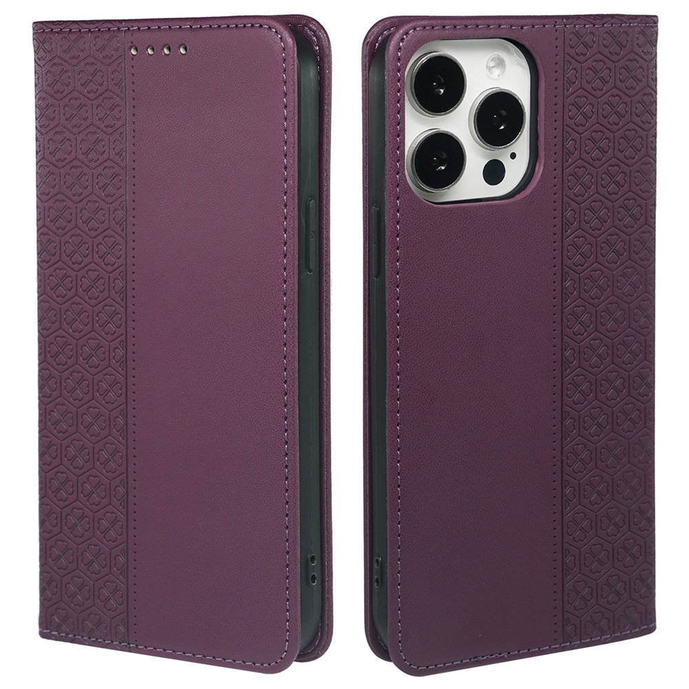 For iPhone 13 Pro Max Wallet Case Four-Leaf Clover Leather Phone Cover - Dark Purple