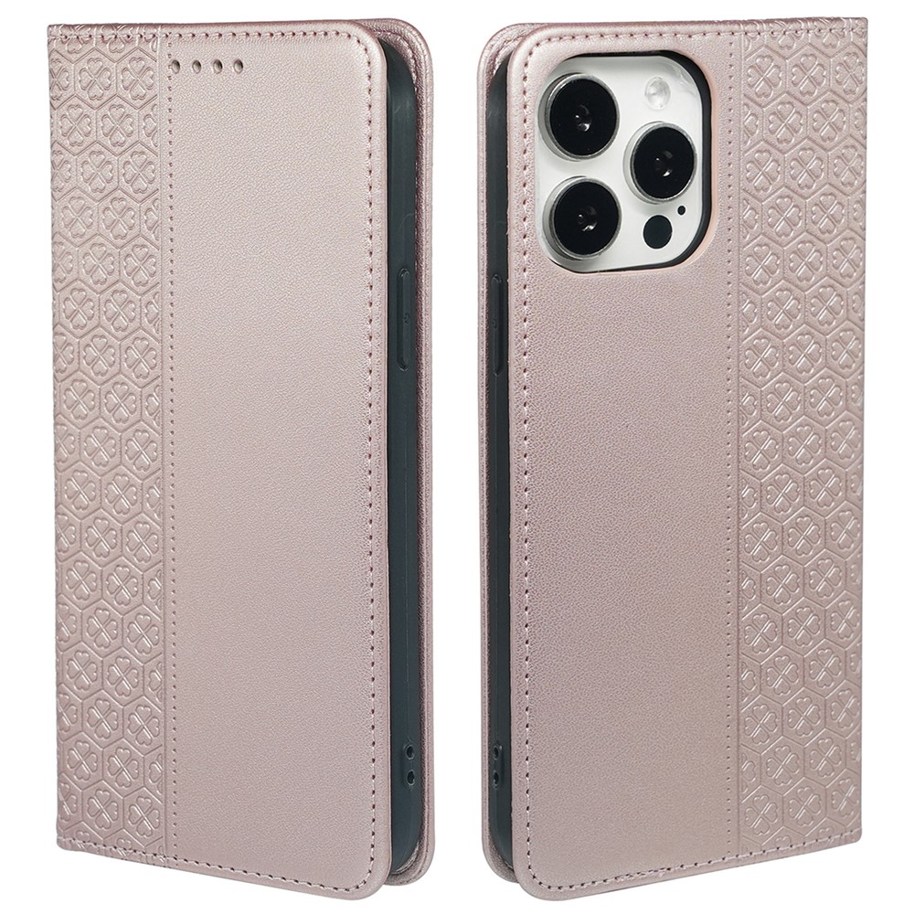For iPhone 13 Pro Case Four-Leaf Clover Imprinted Leather Folio Phone Cover - Rose Gold