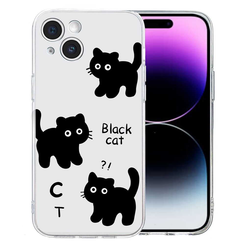 For iPhone 15 Case Soft TPU Slim Phone Cover Pattern Printing - Black Cat