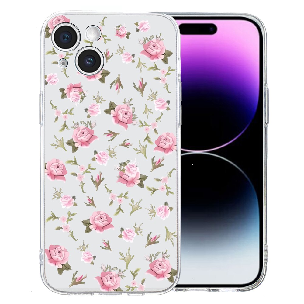 For iPhone 15 Case Soft TPU Slim Phone Cover Pattern Printing - Pink Flower