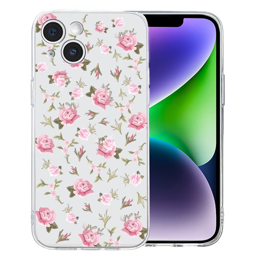 For iPhone 14 Case Pattern Printing Flexible TPU Slim Phone Cover - Pink Flower