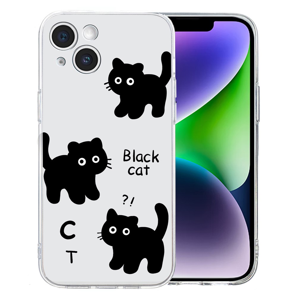 For iPhone 14 Plus TPU Phone Case Pattern Printing Back Cover Scratch Protection - Black Cat