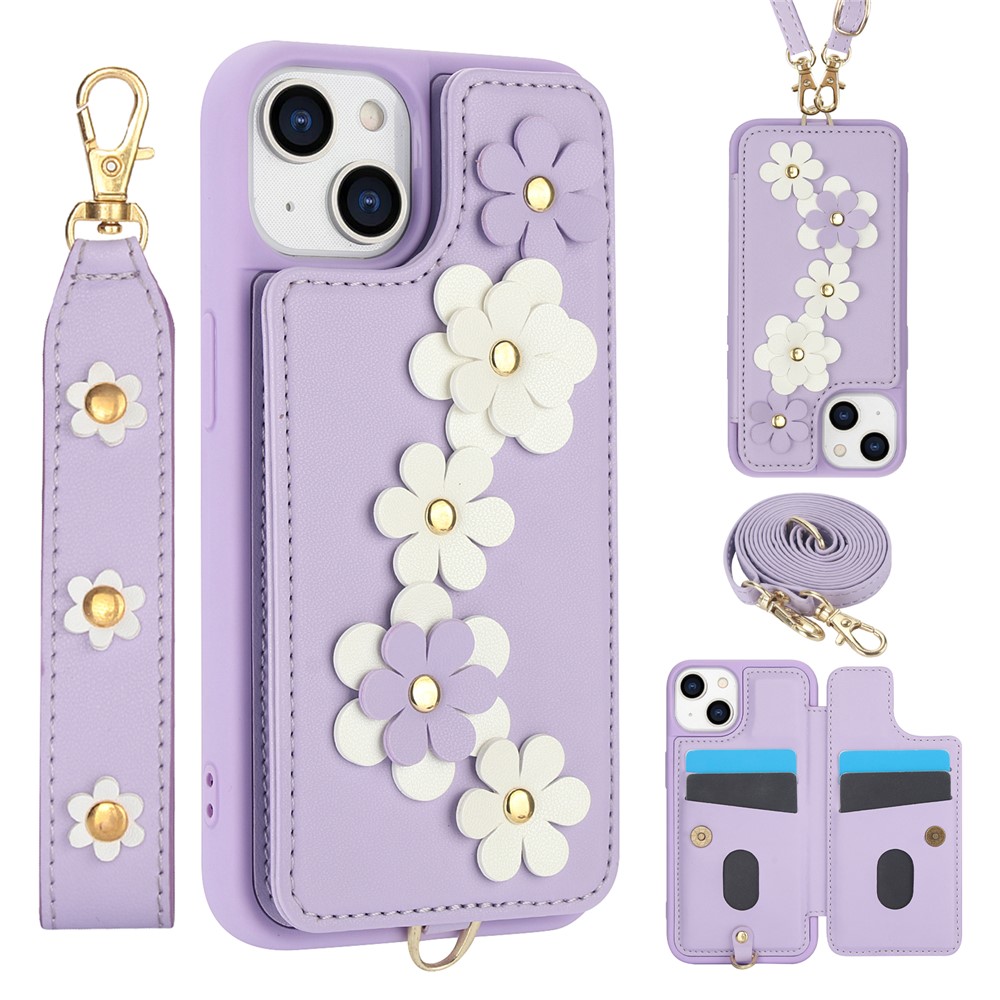 SY-001 For iPhone 15 Case Flower Leather Coated TPU Phone Cover with Shoulder Strap - Purple