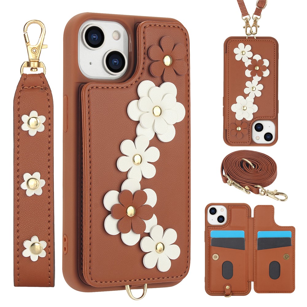 SY-001 For iPhone 15 Case Flower Leather Coated TPU Phone Cover with Shoulder Strap - Brown