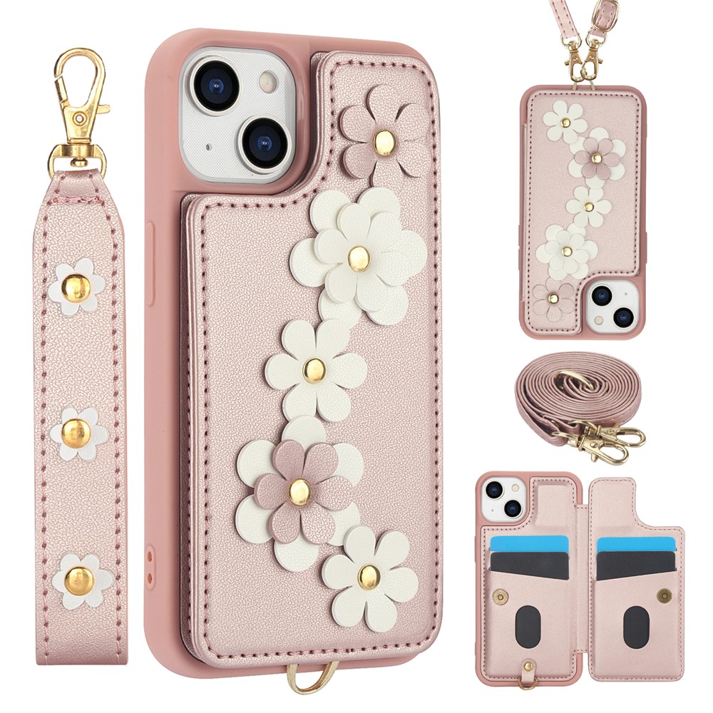 SY-001 For iPhone 15 Case Flower Leather Coated TPU Phone Cover with Shoulder Strap - Pink