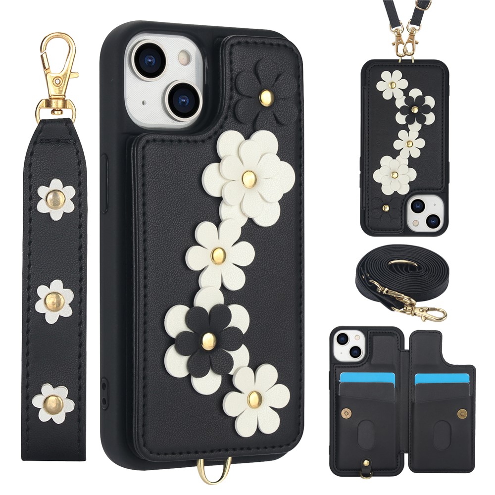 SY-001 For iPhone 15 Case Flower Leather Coated TPU Phone Cover with Shoulder Strap - Black