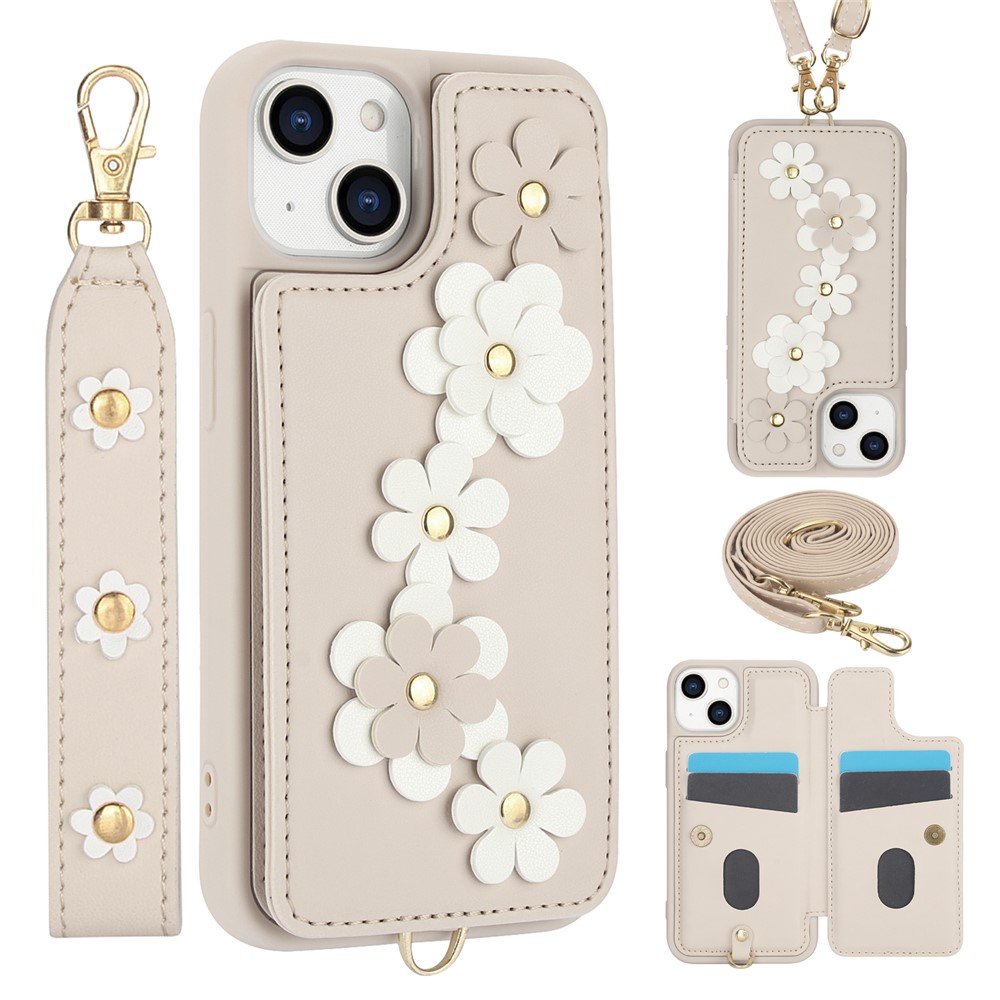 SY-001 For iPhone 15 Case Flower Leather Coated TPU Phone Cover with Shoulder Strap - Beige