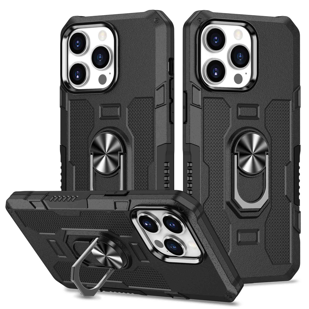 For iPhone 13 Pro 6.1 inch Anti-fall Phone Case Kickstand Anti-scratch PC + TPU Hybrid Back Cover with Ring Holder Built-in Metal Sheet - Black-1