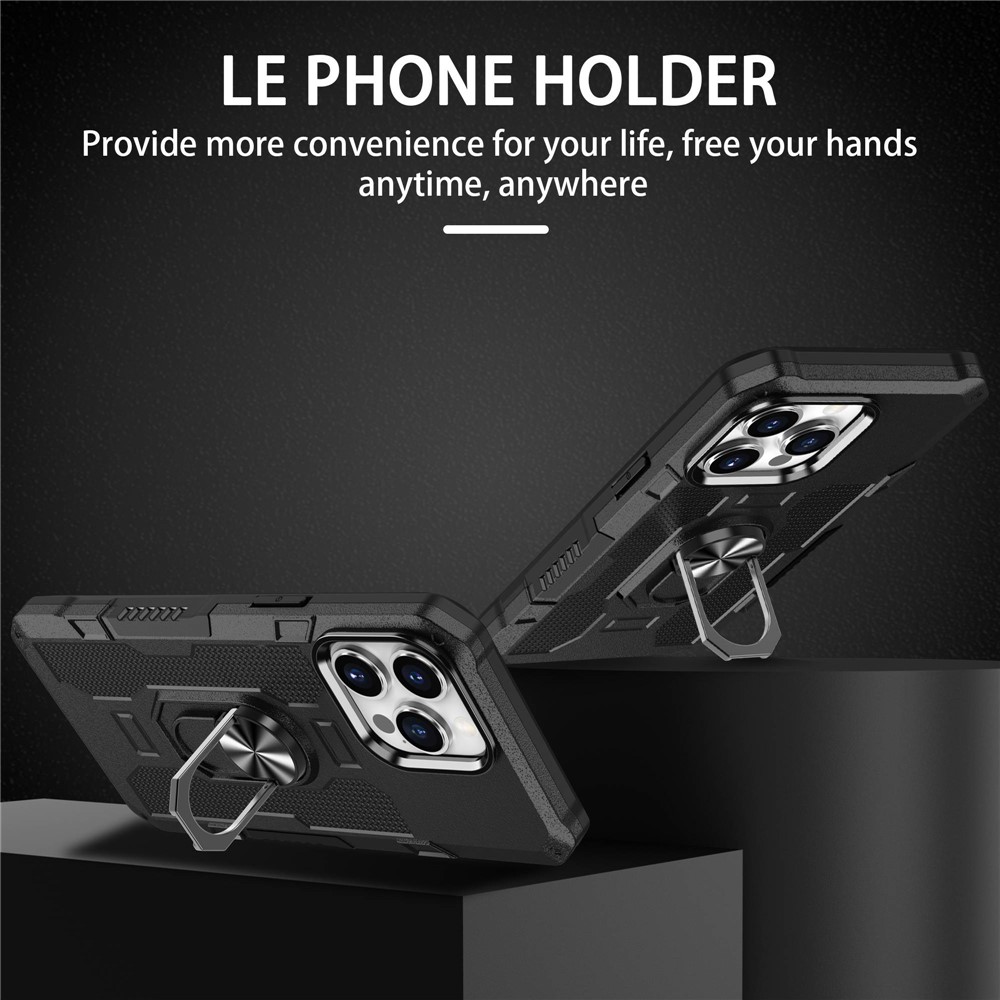 For iPhone 13 Pro 6.1 inch Anti-fall Phone Case Kickstand Anti-scratch PC + TPU Hybrid Back Cover with Ring Holder Built-in Metal Sheet - Black-2