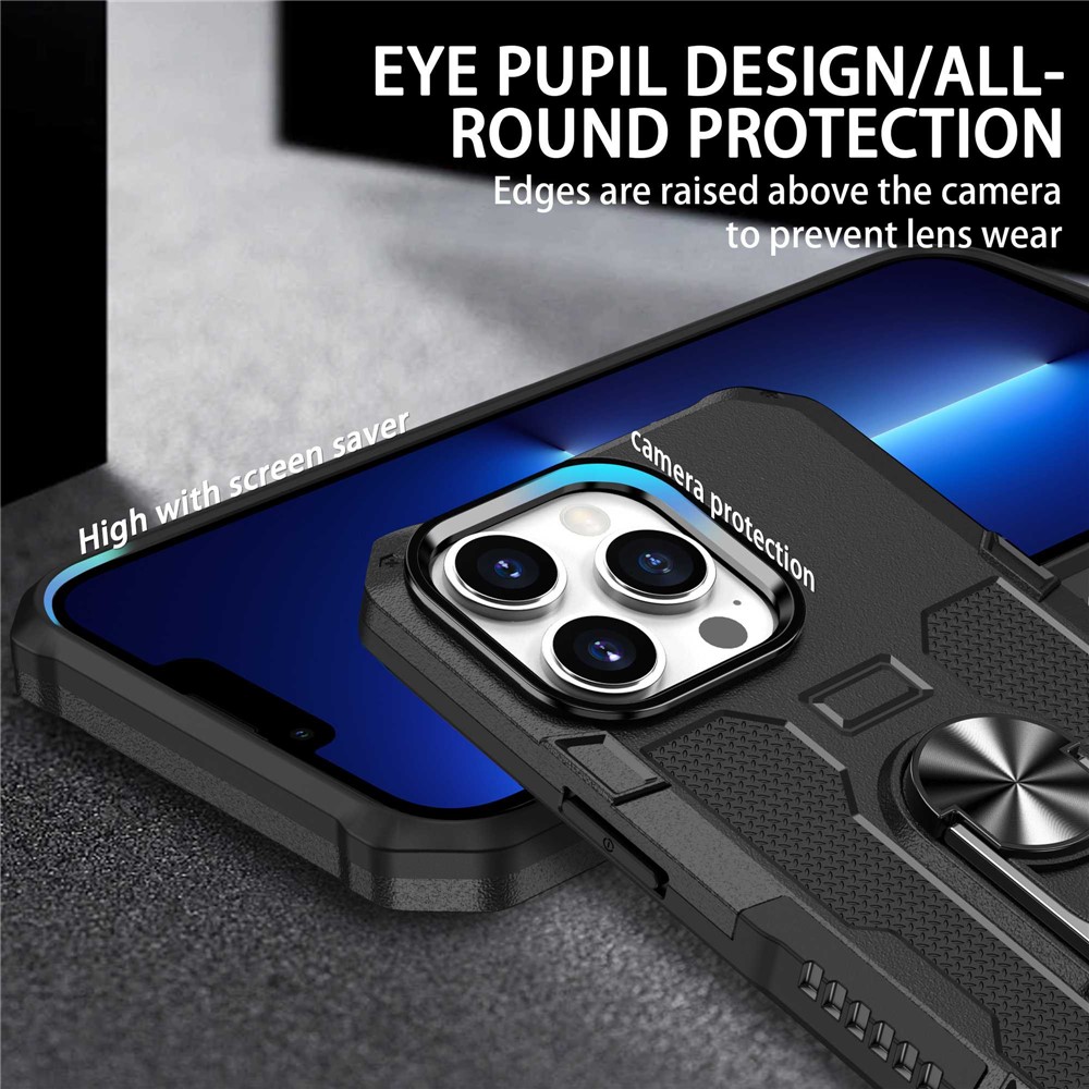 For iPhone 13 Pro 6.1 inch Anti-fall Phone Case Kickstand Anti-scratch PC + TPU Hybrid Back Cover with Ring Holder Built-in Metal Sheet - Black-4