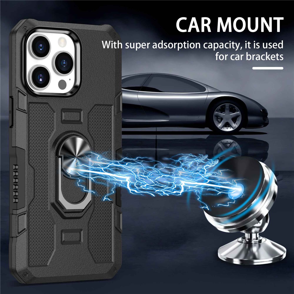 For iPhone 13 Pro 6.1 inch Anti-fall Phone Case Kickstand Anti-scratch PC + TPU Hybrid Back Cover with Ring Holder Built-in Metal Sheet - Black-5