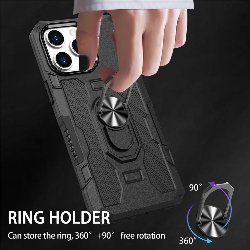 For iPhone 13 Pro 6.1 inch Anti-fall Phone Case Kickstand Anti-scratch PC + TPU Hybrid Back Cover with Ring Holder Built-in Metal Sheet - Black-7