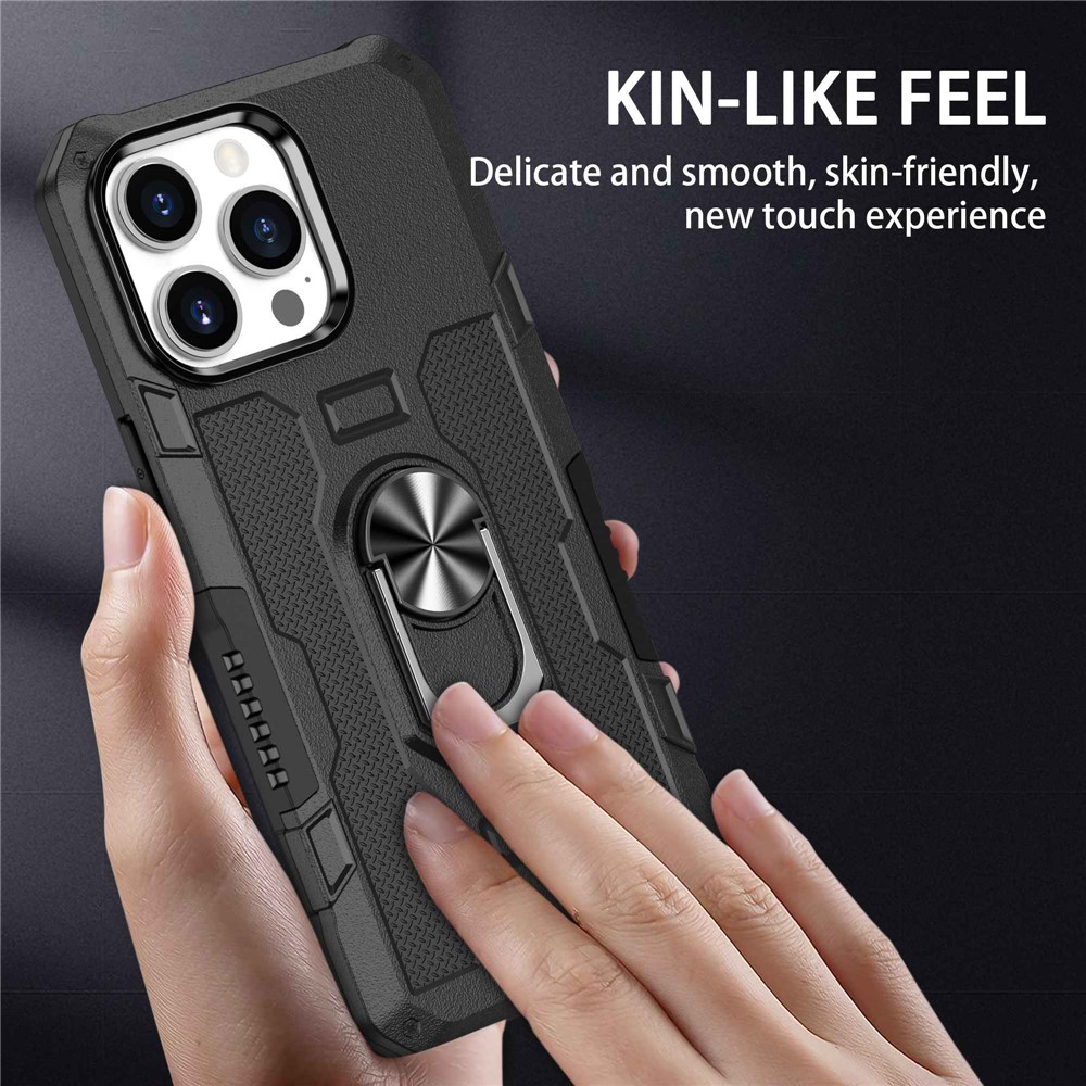 For iPhone 13 Pro 6.1 inch Anti-fall Phone Case Kickstand Anti-scratch PC + TPU Hybrid Back Cover with Ring Holder Built-in Metal Sheet - Black-9