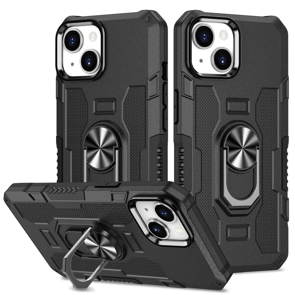 For iPhone 13 6.1 inch Anti-fall Phone Case Kickstand PC + TPU Hybrid Phone Back Cover with Ring Holder Built-in Metal Sheet - Black-1