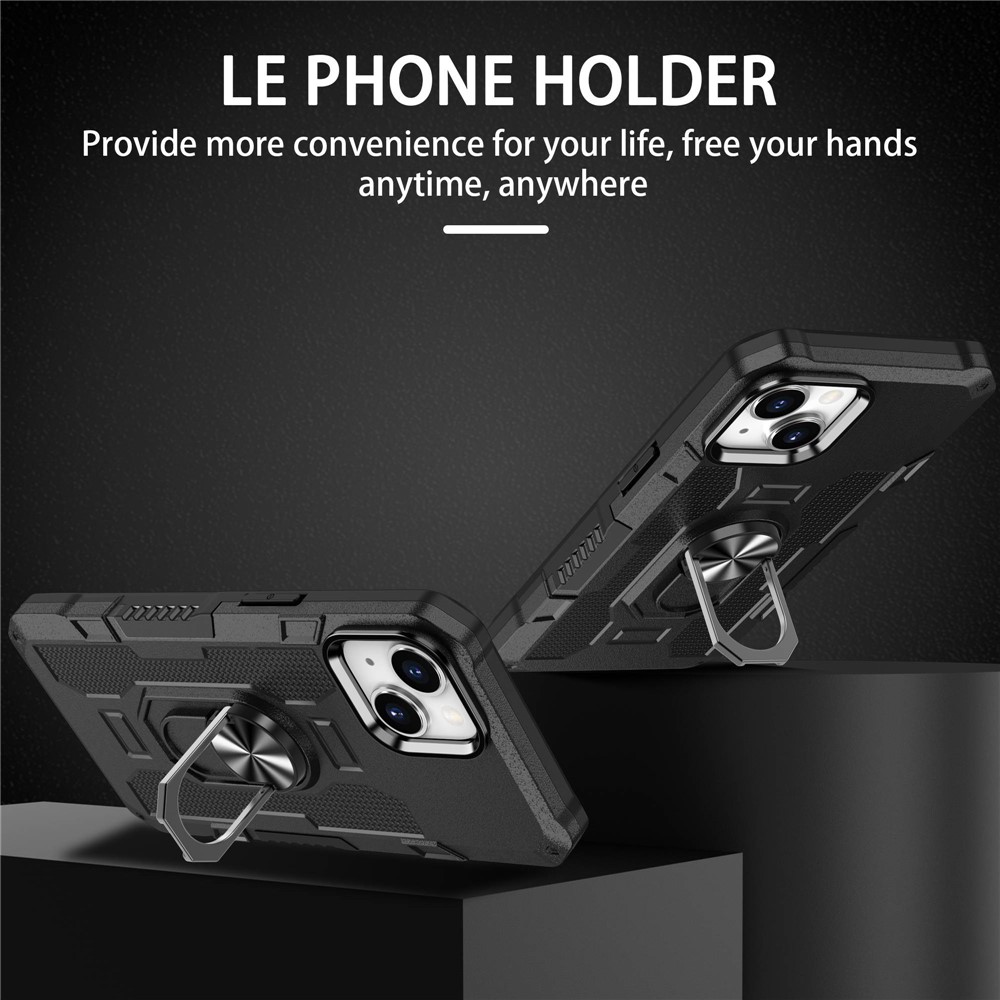 For iPhone 13 6.1 inch Anti-fall Phone Case Kickstand PC + TPU Hybrid Phone Back Cover with Ring Holder Built-in Metal Sheet - Black-2