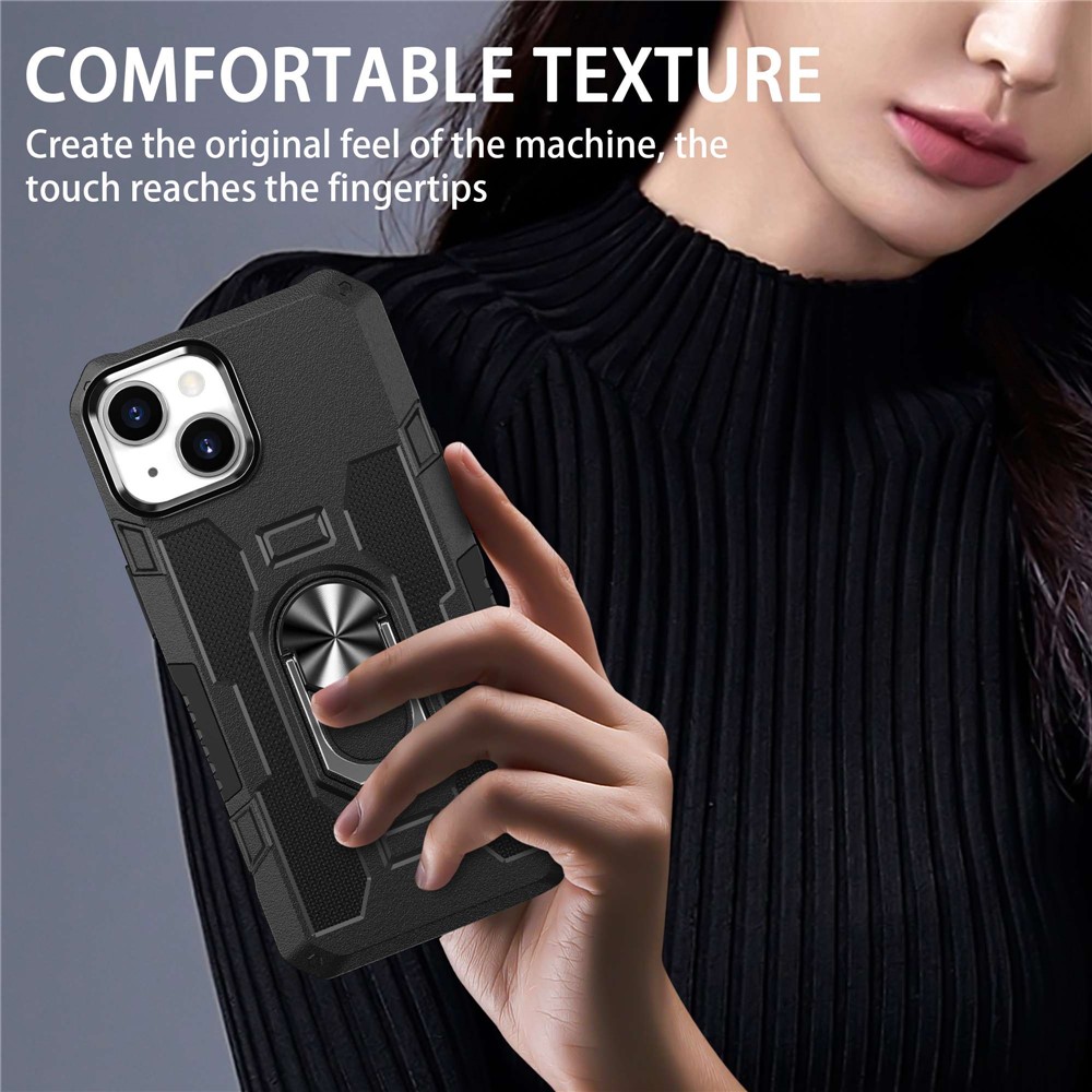 For iPhone 13 6.1 inch Anti-fall Phone Case Kickstand PC + TPU Hybrid Phone Back Cover with Ring Holder Built-in Metal Sheet - Black-3