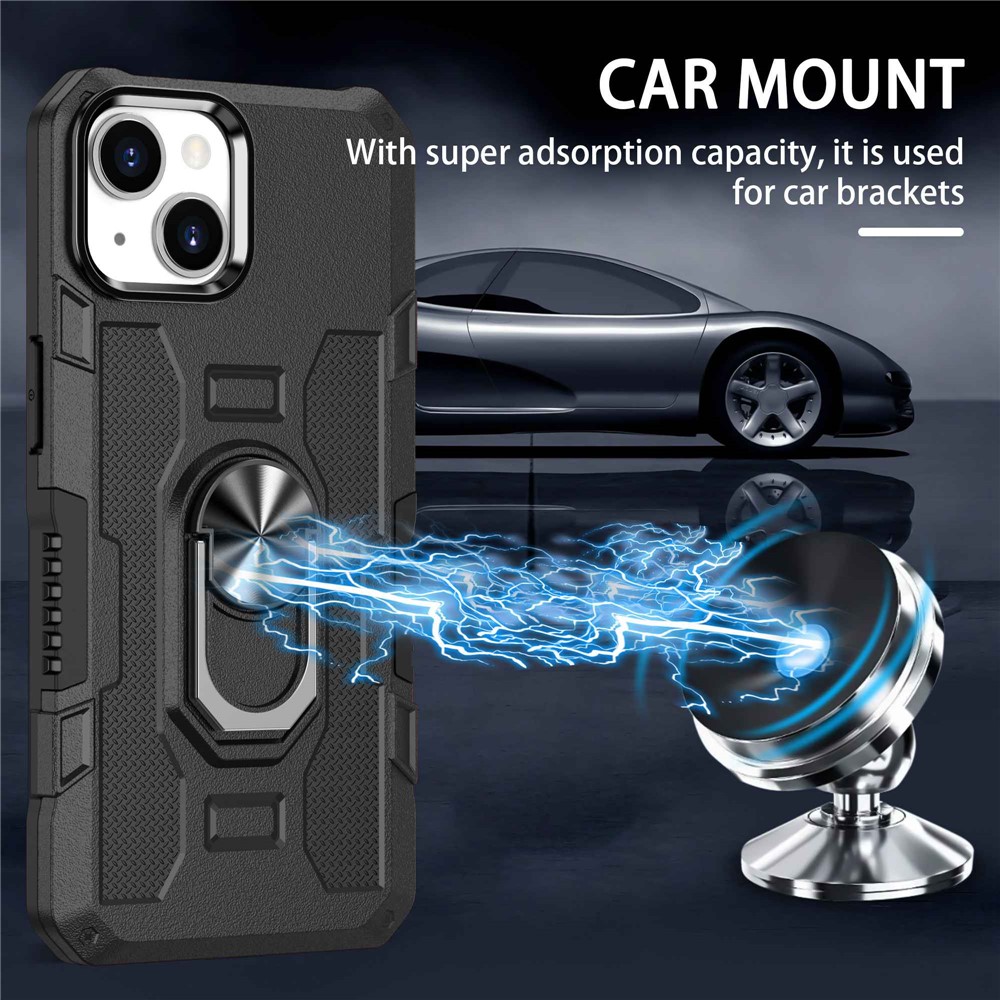 For iPhone 13 6.1 inch Anti-fall Phone Case Kickstand PC + TPU Hybrid Phone Back Cover with Ring Holder Built-in Metal Sheet - Black-5