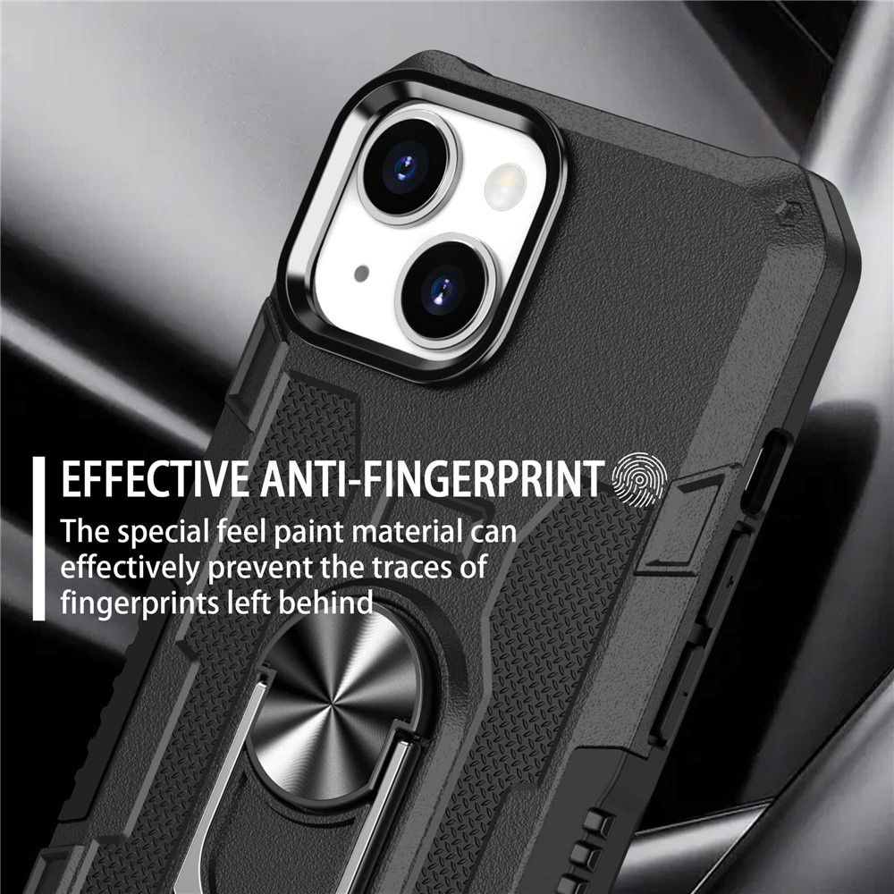 For iPhone 13 6.1 inch Anti-fall Phone Case Kickstand PC + TPU Hybrid Phone Back Cover with Ring Holder Built-in Metal Sheet - Black-8