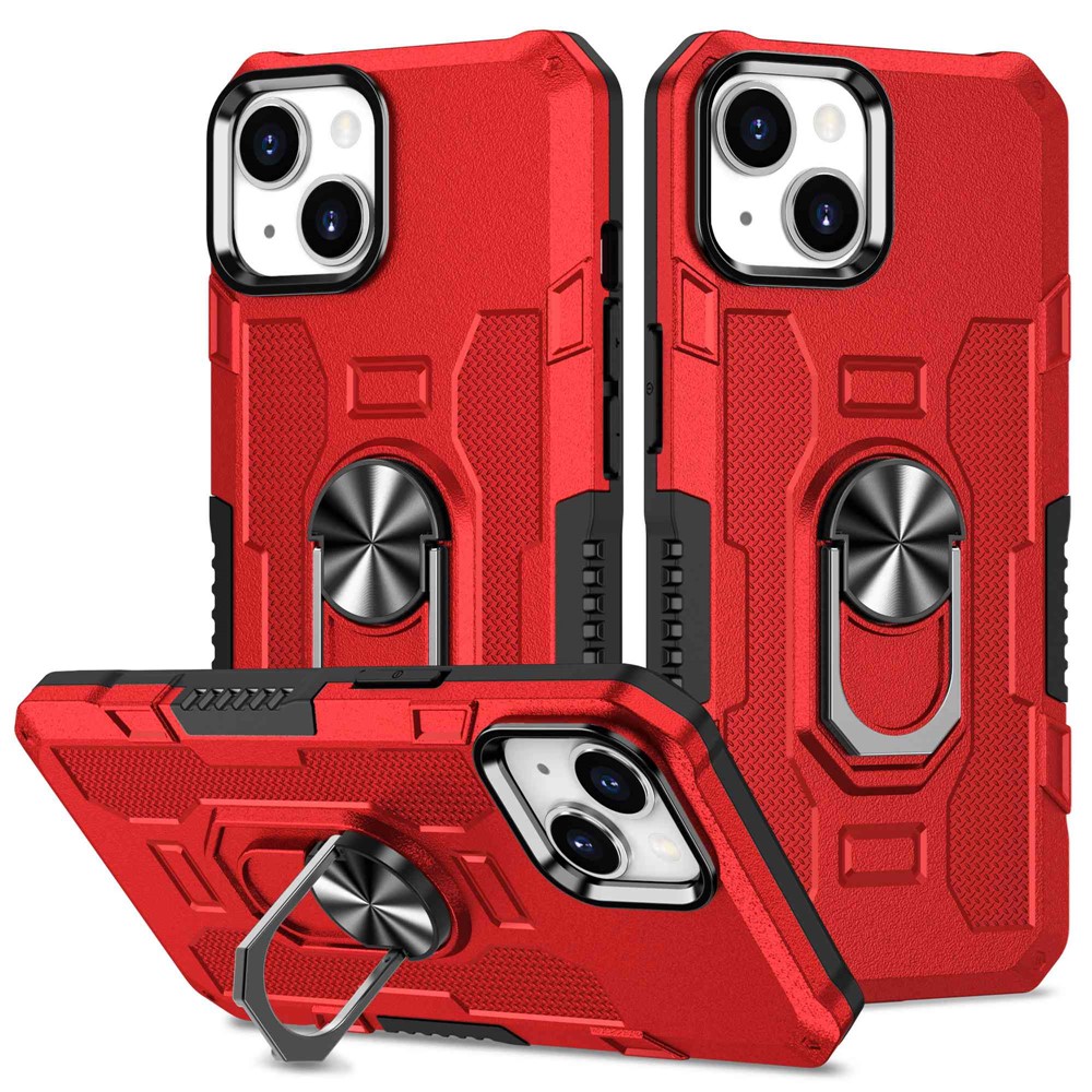 For iPhone 13 mini 5.4 inch Anti-scratch Phone Case Ring Holder Kickstand PC + TPU Phone Back Cover Built-in Metal Sheet - Red