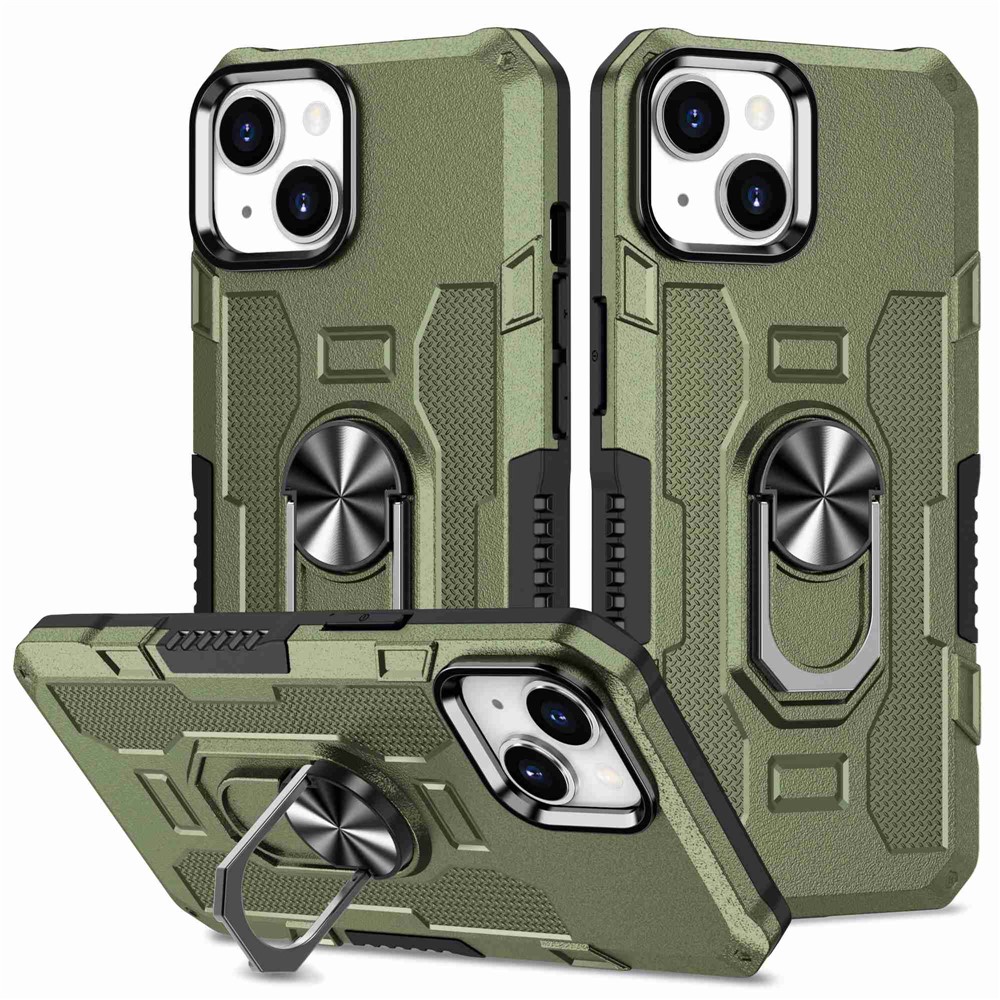 For iPhone 13 mini 5.4 inch Anti-scratch Phone Case Ring Holder Kickstand PC + TPU Phone Back Cover Built-in Metal Sheet - Green