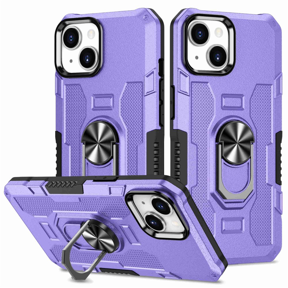 For iPhone 13 mini 5.4 inch Anti-scratch Phone Case Ring Holder Kickstand PC + TPU Phone Back Cover Built-in Metal Sheet - Purple