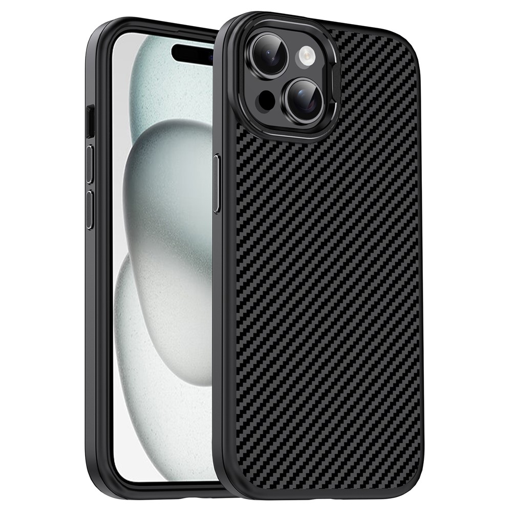 IPAKY For iPhone 15 Case Carbon Fiber Texture Anti-Drop TPU Phone Cover - Black