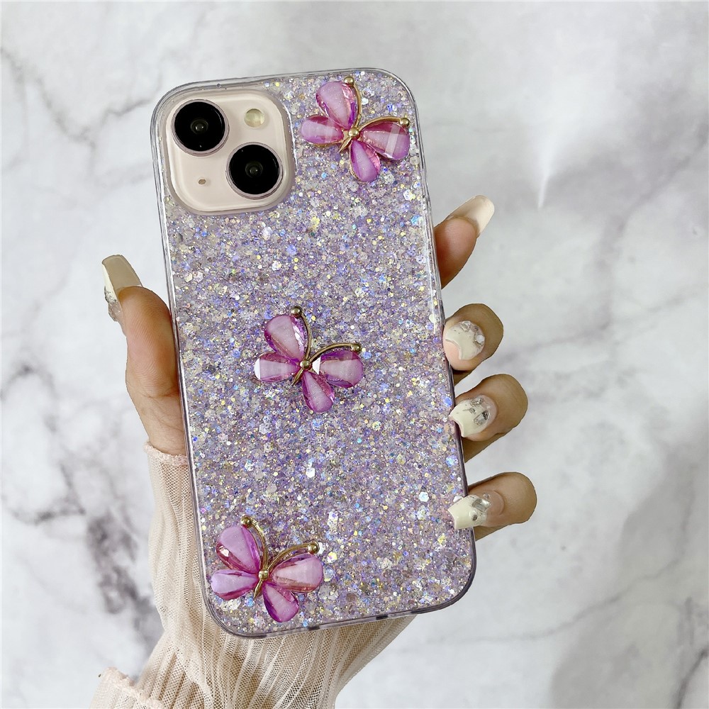For iPhone 15 Case Glitter Sequin Epoxy TPU Phone Cover with 3D Butterflies - Purple