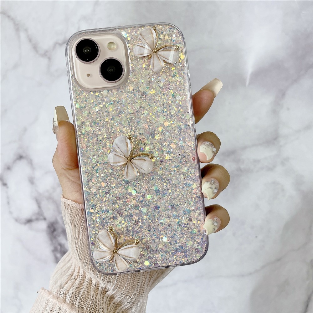 For iPhone 15 Case Glitter Sequin Epoxy TPU Phone Cover with 3D Butterflies - White
