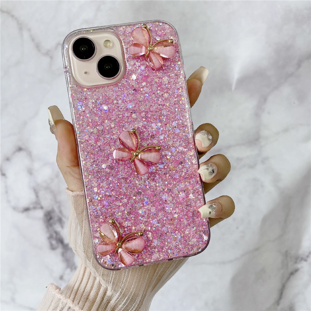 For iPhone 14 Plus Glitter Case 3D Butterflies Epoxy TPU Shockproof Cover - Pink