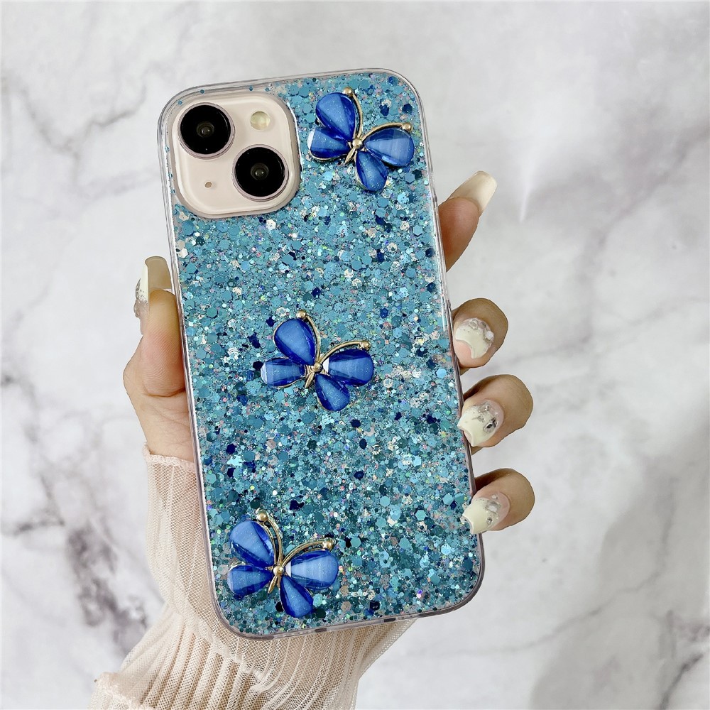 For iPhone 14 Plus Glitter Case 3D Butterflies Epoxy TPU Shockproof Cover - Blue