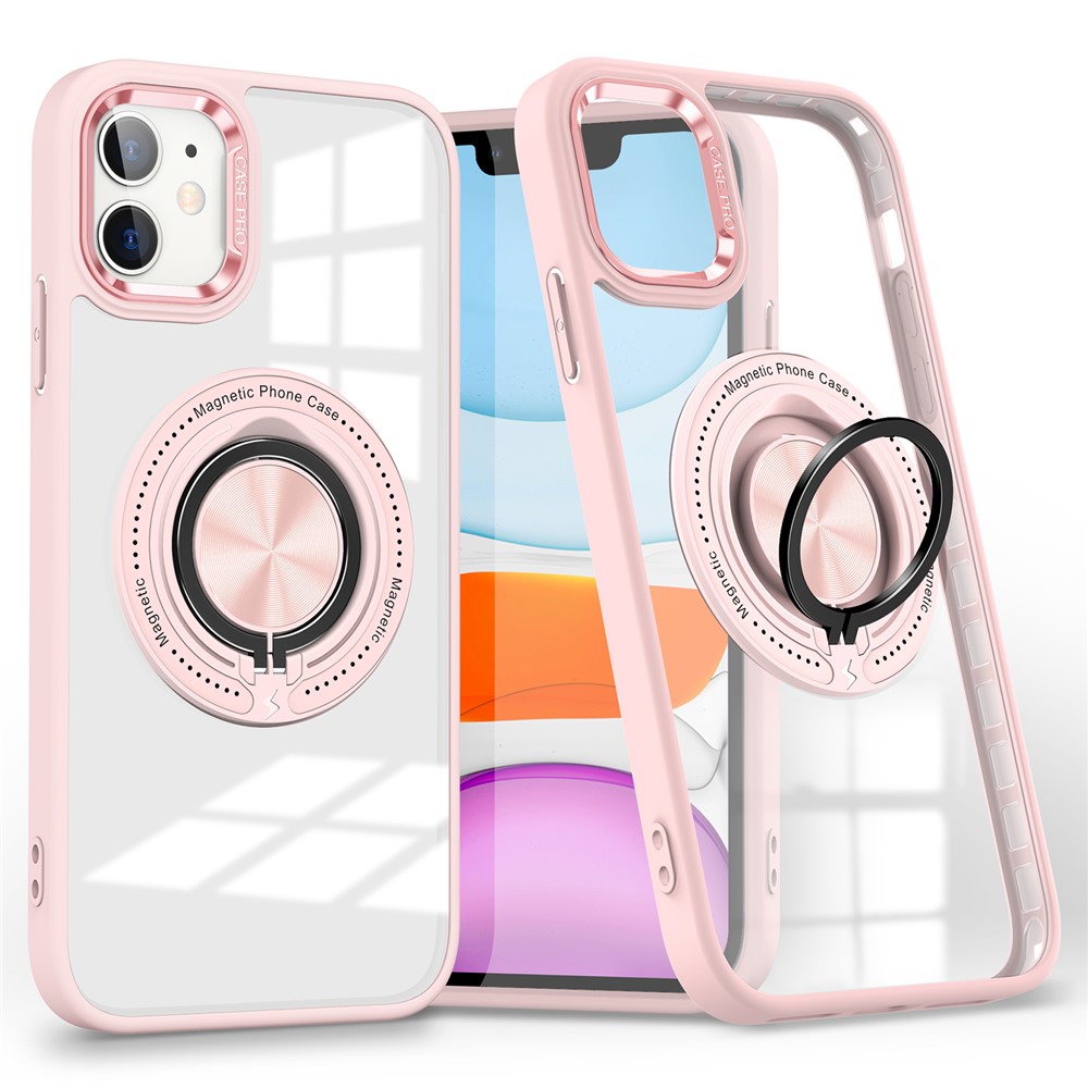 For iPhone 12  /  12 Pro Magnetic Phone Case Kickstand TPU Frame Clear PC Back Cover - Pink