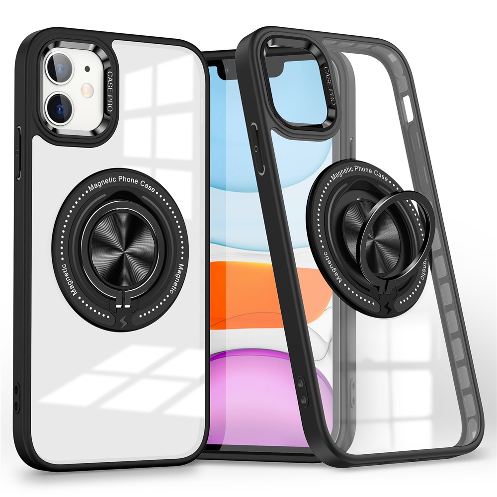 For iPhone 12  /  12 Pro Magnetic Phone Case Kickstand TPU Frame Clear PC Back Cover - Black