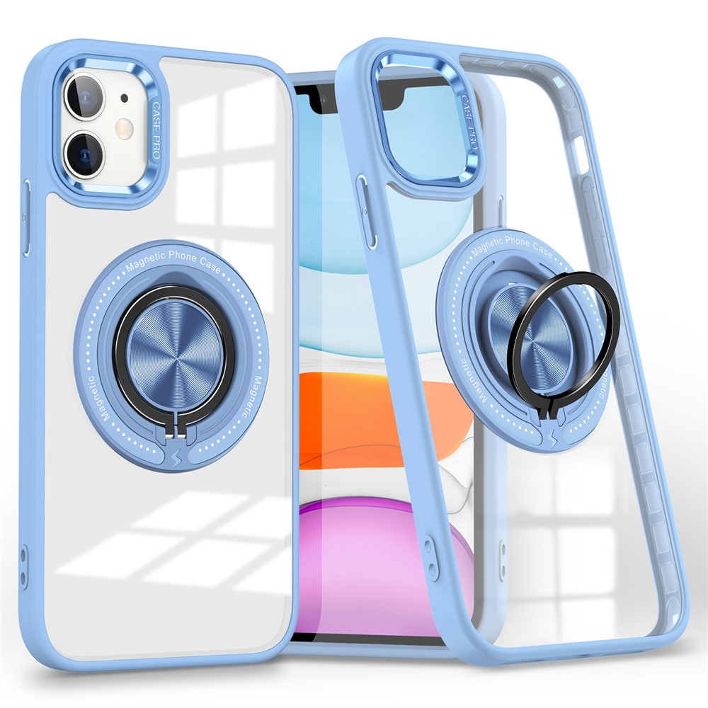 For iPhone 12  /  12 Pro Magnetic Phone Case Kickstand TPU Frame Clear PC Back Cover - Baby Blue