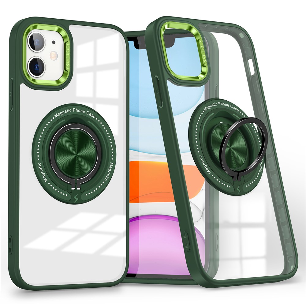 For iPhone 12  /  12 Pro Magnetic Phone Case Kickstand TPU Frame Clear PC Back Cover - Blackish Green