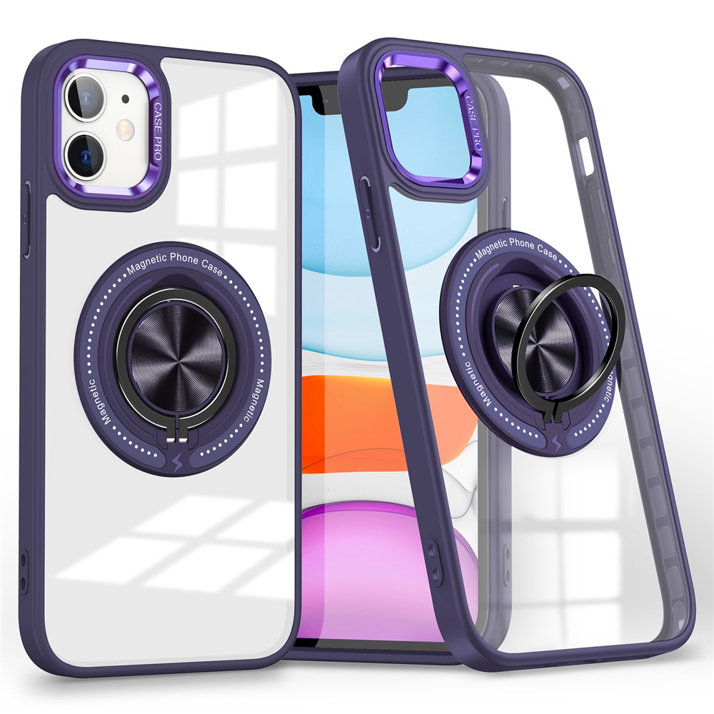 For iPhone 12  /  12 Pro Magnetic Phone Case Kickstand TPU Frame Clear PC Back Cover - Dark Purple