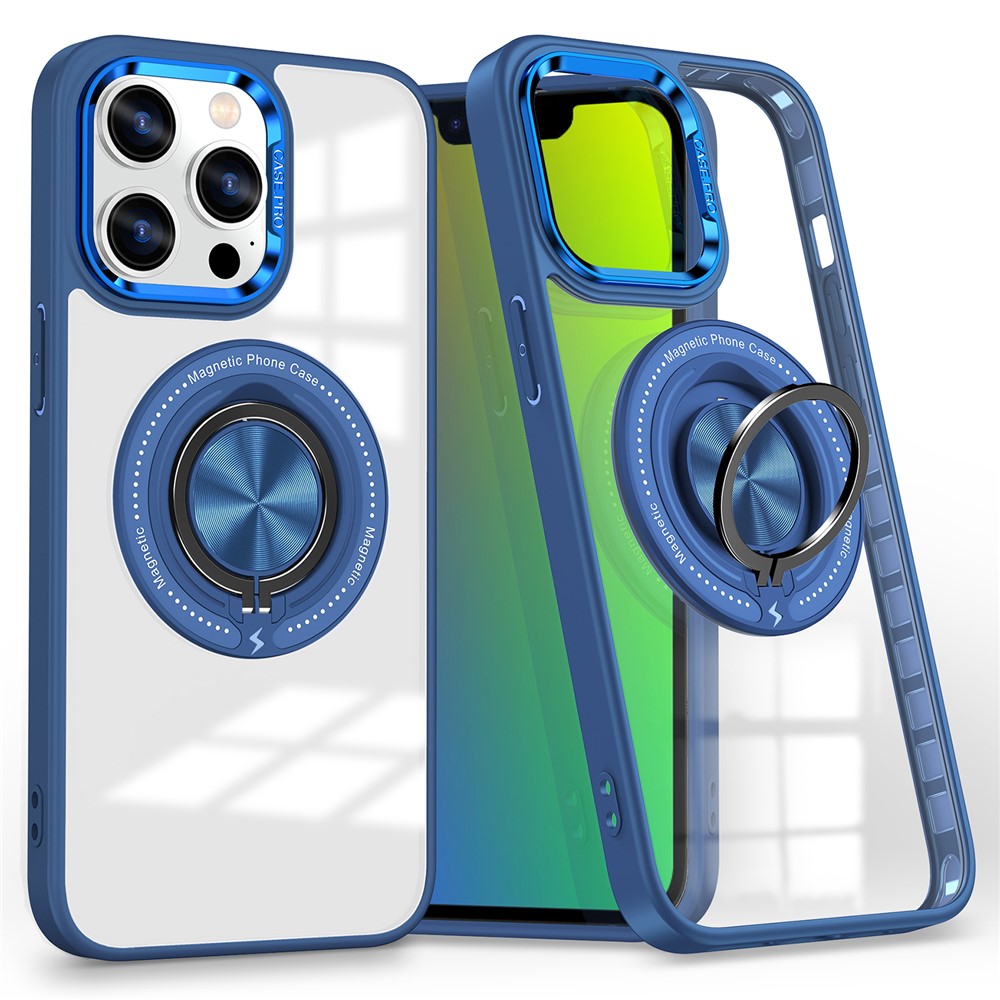 For iPhone 13 Pro Max Case Magnetic Ring Kickstand PC+TPU Clear Phone Cover -  Blue
