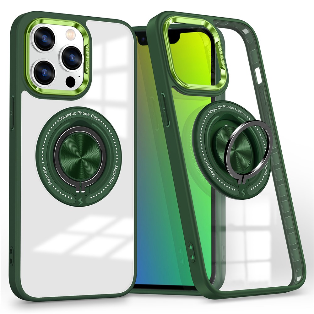 For iPhone 13 Pro Case Compatible with MagSafe Kickstand PC+TPU Hybrid Phone Cover - Blackish Green